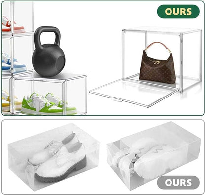 EDS FAM 12 Pack X-Large Acrylic Display Case, Size 14 Clear Shoe Box Stackable Sneaker Display Case with Magnetic Lid Multipurpose Storage Bin for Closet for Purses, Handbags, Cosmetics, Collectibles