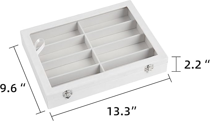 Frebeauty Sunglass Organizer,Velvet Glasses Organizer,8-Slot Sunglasses Tray with Clear Lid,Men's/Women's Sunglasses Box,Sunglass Case,13.3 x 9.6 x 2.2 Inches,Eyeglass/Eyewear Display Tray(White)
