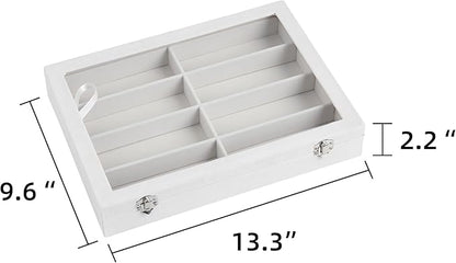 Frebeauty Sunglass Organizer,Velvet Glasses Organizer,8-Slot Sunglasses Tray with Clear Lid,Men's/Women's Sunglasses Box,Sunglass Case,13.3 x 9.6 x 2.2 Inches,Eyeglass/Eyewear Display Tray(White)