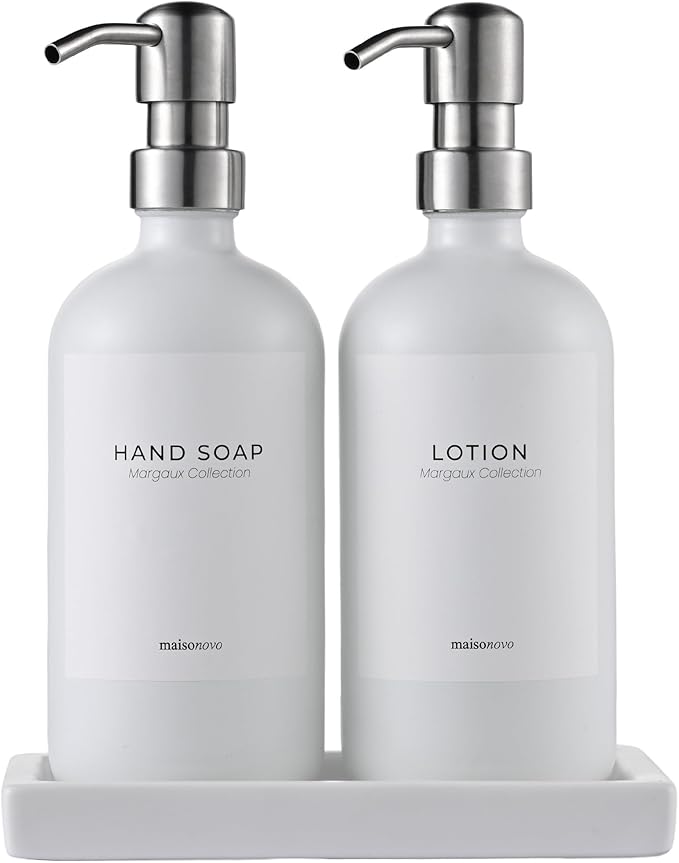MaisoNovo Soap Dispenser 3-Piece Set | 16.9oz White Bottles Silver Plastic Pumps with Ceramic Tray