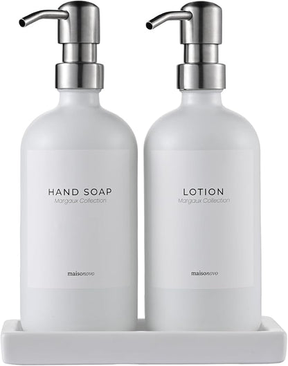 MaisoNovo Soap Dispenser 3-Piece Set | 16.9oz White Bottles Silver Plastic Pumps with Ceramic Tray