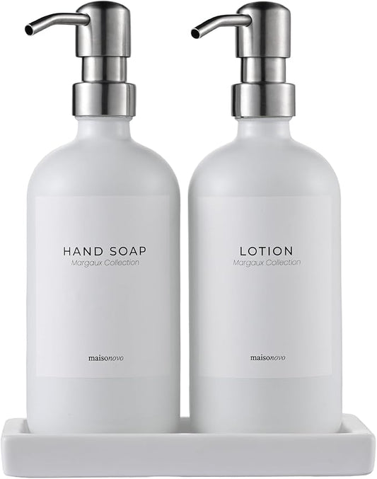 MaisoNovo Soap Dispenser 3-Piece Set | 16.9oz White Bottles Silver Plastic Pumps with Ceramic Tray