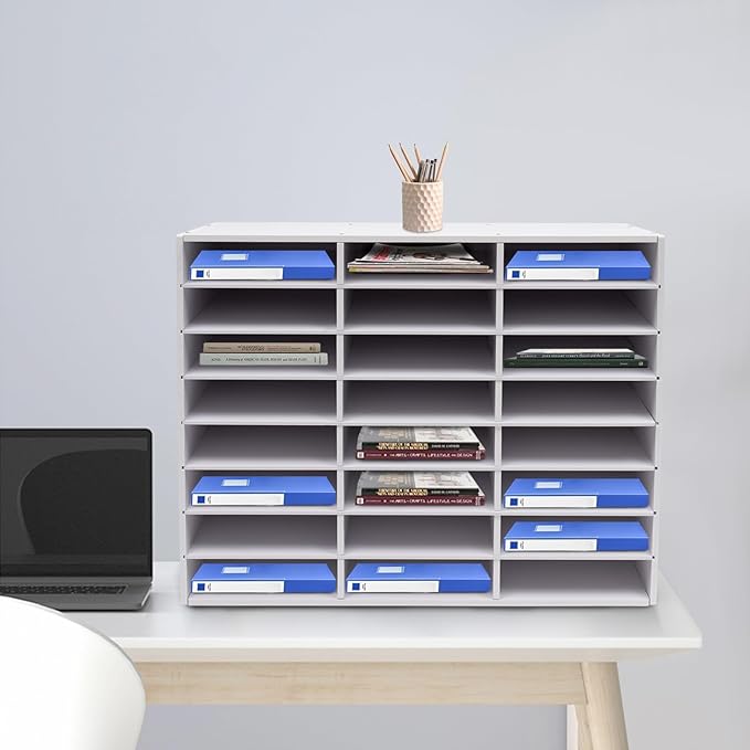 Literature Organizer Sorter,Desktop File Sorter Mail Center Magazine Paper Storage PVC Board File Holder Mailbox Student Classroom Keepers for Home&Office (White, 24 Slots)