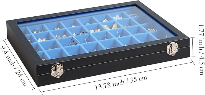 Stratalife Jewelry Organizer 40 Grid Blue Black Jewelry Tray with Clear Dust-proof Lid Velvet Earring Organizer Necklace Rings Holder Display Drawer Storage Case for Women