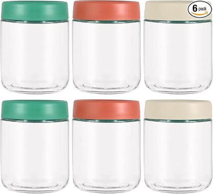 Hoa Kinh 16oz 6Pack Glass Food Storage Jars with Lids, Leak Proof Small Jars for Overnight Oats, Cereal, Clear Empty Glass Jar with Lids for Kitchen(Red, Green and White)
