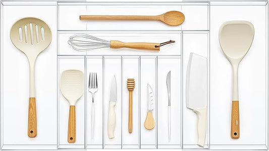 1 Pack Expandable Kitchen Drawer Organizer Clear Acrylic Utensil Organizer Adjustable Acrylic Silverware Storage for Drawers Silverware Flatware Knives (18.5 x 17.4 Inches,9-11 Compartments)