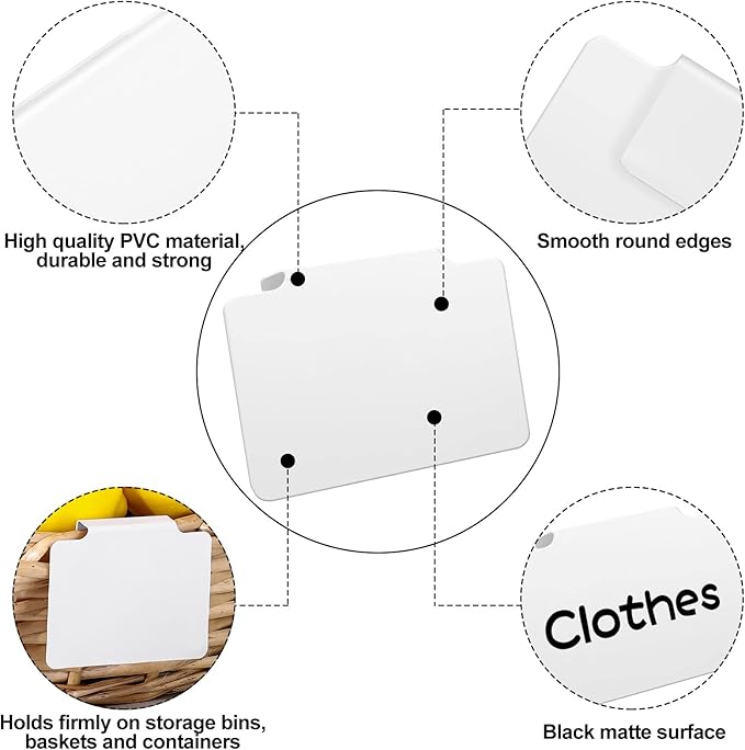 9 Pcs White Basket Labels Clip on Removable Hanging Label Holder with Chalk Markers for Storage Bin Basket Box Kitchen Pantry