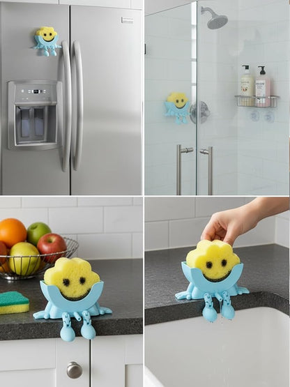 3D Printed Sponge Holder for Scrub Daddy Cute Smiley Sponge Holder with Drainage Funny Sponges Stand for Kitchen Sink Accessories Organizer Storage Utility Declutter Gadgets (Black)