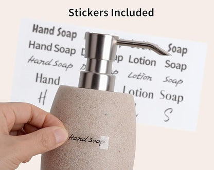 Clasin Home Sandstone Textured Resin Soap Dispenser with Metallic Pump and Waterproof Bottle Labels for Bathroom Kitchen Dish Hand Wash Shower Lotion Shampoo, 12 Oz, 2 Sets Beige