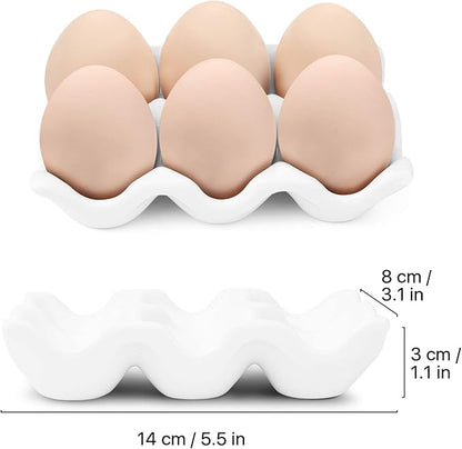 Flexzion Porcelain Egg Crate - 6 Capacity Ceramic Tray, Half Dozen Holder, White Decorative Serving Dish and Storage Organizer, 2 Pack
