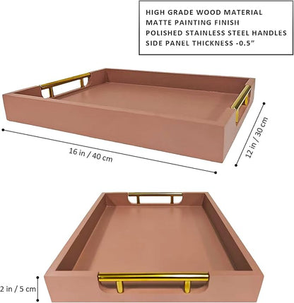 Wooden Decorative Coffee Table Tray, 16" Serving Tray with Gold Handles for Ottoman, Living Room, Perfume, Vanity Dresser Organizer (Mocha)