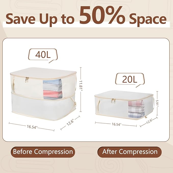 Compression Storage Bags for Clothes, Foldable Reusable Organizers for Down Coats, Comforters, Bedding, Blankets, Self Compression Packing Cubes Space Saver Bags with Dual Zippers, 2 Pack, 40 L, Beige