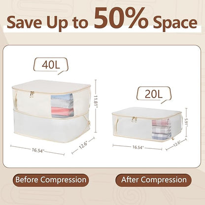 Comforter Storage Bag, Large Capacity Blanket Storage Bags with Visual Window, Ultra Space Saving Self Compression Organizer, Washable Compression Bag for Down Jacket, Pillow, Bedding 2-Pack 40L Beige
