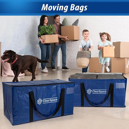 ClearSpace Heavy Duty Moving Bags or Storage Bag – Large Moving Boxes with Backpack Straps, Zippers & Handles – Perfect for Moving, College Dorm, Traveling, Camping, Christmas Decorations, 4 Pack