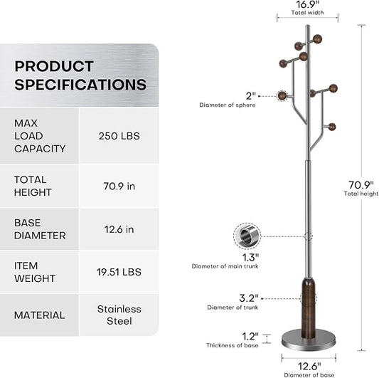 Coat Rack Freestanding with Stainless Steel Marble Base, 8 Wood Ball-shaped Hooks, Heavy-Duty Standing Rack Clother Hanger Rack Metal Coat Tree for Bedroom Entryway, Hat, Bags, Long Dresses