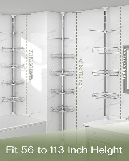 ALLZONE Corner Shower Caddy Tension Pole, 4-Tier Adjustable Shelves, Rustproof Bathroom Shower Organizer Corner for Inside Shower Storage, Tension Mounted, 56 to 113 Inch Height, Sliver