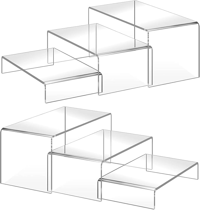 6PCS acrylic risers display stands, Clear Tiered acrylic display risers for Jewelry, Figurines, Snacks & Tabletop Showcase