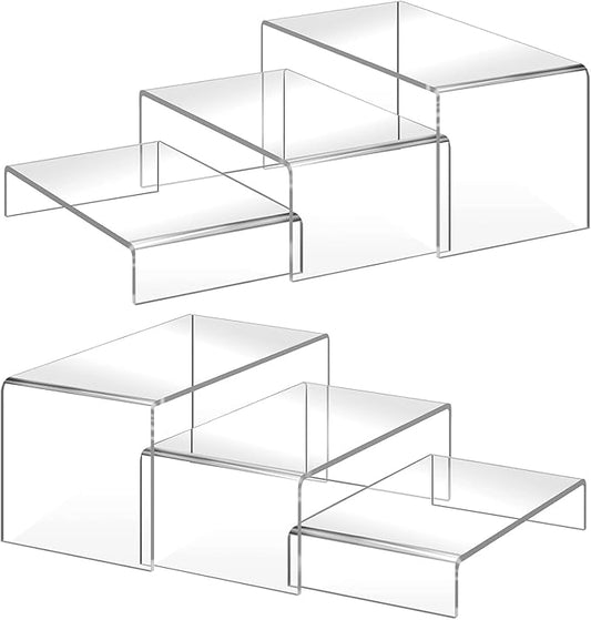 6PCS acrylic risers display stands, Clear Tiered acrylic display risers for Jewelry, Figurines, Snacks & Tabletop Showcase