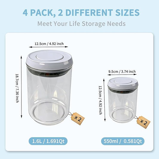 Airtight Pop Top Food Storage Container Sets with Lids 4Pcs Round Pop Containers for Kitchen Pantry Organization BPA-Free Stackable Kitchen Storage Containers for Cereal Flour Sugar (0.6, 1.7qt)*2