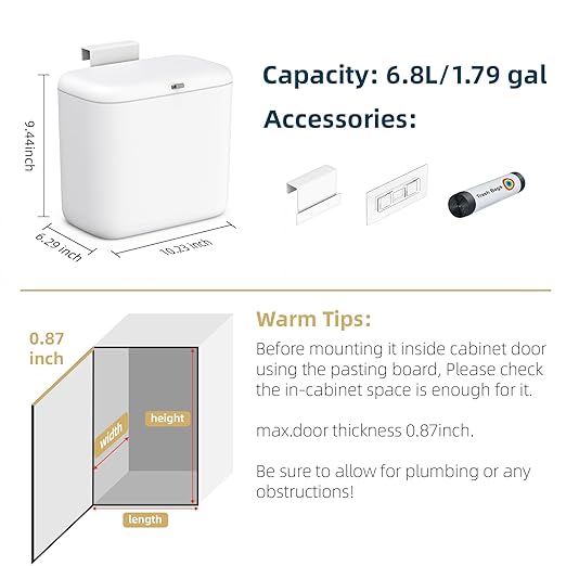 MUEE Hanging Compost Bin for Kitchen Cabinet Door - 1.8 Gal Small Trash Can with Lid, Under-Sink Food Scraps Collector, Slim Odorless Waste Bin for Apartment Essentials & RV - White