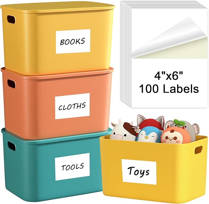MaxGear 4x6 inch Removable Labels 100 Pcs, Water/Oil/Tear Resistants No Residue for Home Packing Box and Storage Bins, Matte White Paper Sheets, Permanent Strong Adhesive, Dries Quickly