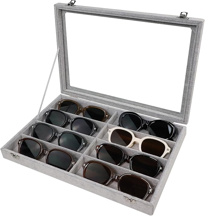 Wudygirl Jewelry organizer Sunglass Organizer 8 Slot Velvet Jewelry Tray Sunglasses Case with Lid Multi Eyeglass Case for Women Men（8 Grid