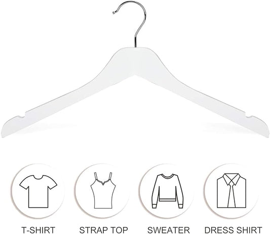 TOPIA HANGER White Wooden Hangers 30 Pack, 0.28 inch Slim Wood Clothes Hanger with Flat Design and Smooth Notches, Lightweight & Durable Space Saving Hangers for Shirt, Coat, Camisole-CT31W