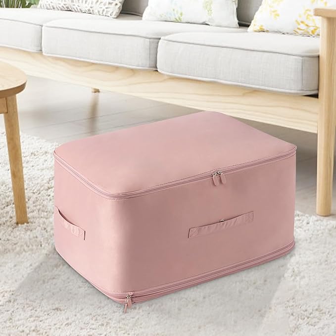 HEVOY Ultra Space Saving Self Compression Organizer, Self Compression Storage Bags, Foldable Closet Organizers Storage Tote, Moving Bag Containers with Handle for Comforters, Blankets (Pink, Large)