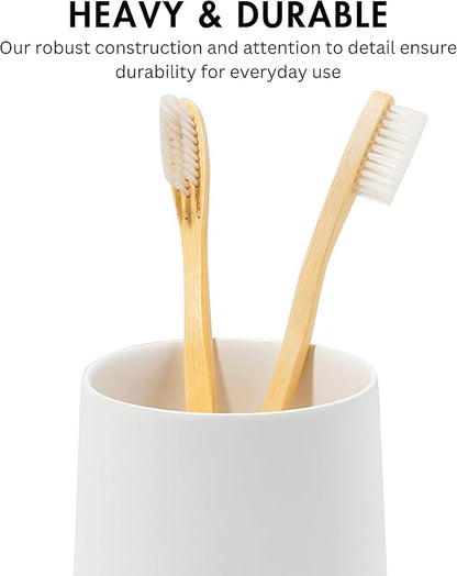 Yew Design Matte White Toothbrush and Toothpaste Holder and Cup for Bathroom Vanity and Countertop, Round Organizer for Electric Toothbrushes, Floss, Razors, Cotton, and Mouthwash
