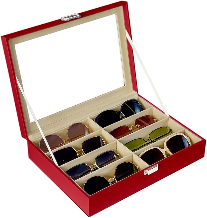 UnionPlus 8-Slots Sunglasses Case Organizer, Eyeglass Glasses Display Holder Collector, Multiple Sunglasses Storage Case, Red