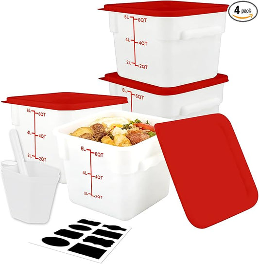 WELKOR Square Food Containers with Lids 4-Pack, Commercial Grade Airtight Plastic Bins for Restaurant Kitchen Pantry Storage, Freezer & Dishwasher Safe (Red, 6QT-4PACK)