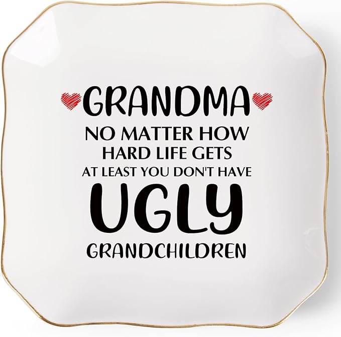 Jelershy Grandma Gifts Jewelry Dish Ring Tray, Grandmother Birthday Gifts for Grandma Christmas Valentines Mother's Day Gift from Grandkids-No Matter How Hard Life...You Don't Have Ugly Grandchildren