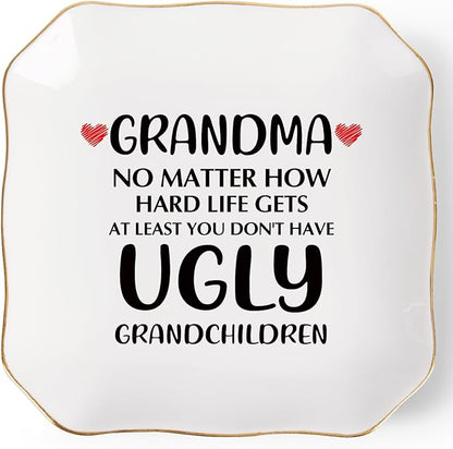 Jelershy Grandma Gifts Jewelry Dish Ring Tray, Grandmother Birthday Gifts for Grandma Christmas Valentines Mother's Day Gift from Grandkids-No Matter How Hard Life...You Don't Have Ugly Grandchildren