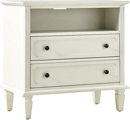 HULALA HOME Farmhouse End Table with Charging Station Set of 2, End Table with USB Ports & Outlets, Fluted Pilasters Design Side Table with Open Space and 2 Drawers Dresser for Living Room, White