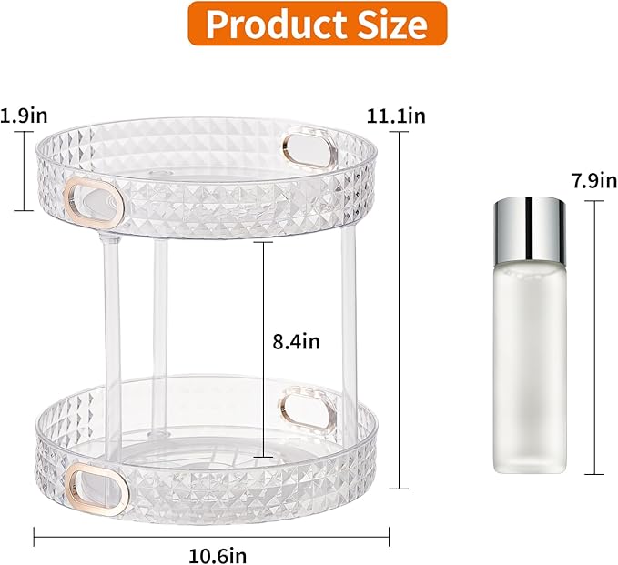 Xonusin 360° Rotating Makeup Organizer, 2 Tier Large Perfume Organizers with Portable Handle for Vanity Bathroom Countertop, Bathroom Counter Organizer for Cosmetics Skincare Perfume