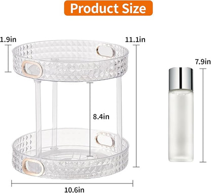 Xonusin 360° Rotating Makeup Organizer, 2 Tier Large Perfume Organizers with Portable Handle for Vanity Bathroom Countertop, Bathroom Counter Organizer for Cosmetics Skincare Perfume
