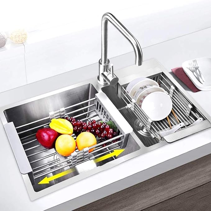 LUEXBOX Expandable Dish Drying Rack Over The Sink, Stainless Steel Drainer Basket with Adjustable Arms for Vegetable and Fruit (Grey)