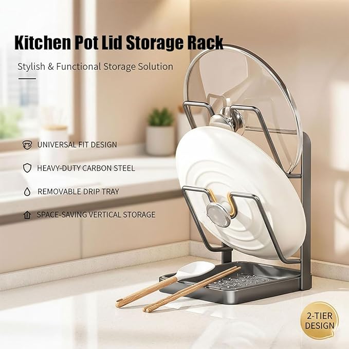 Kitchen Pot Lid Storage Rack, Kitchen Pot Lid Holder, Pots Lids Organizer Rack with Removable Drip Tray, Multifunctional Utensils Pan Pots Cover Lids Rack Shelf for Storage (Gray, Double-layer)