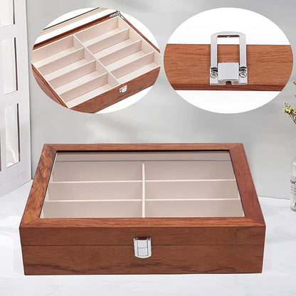 DouSeiAi Wooden Sunglasses Organizer, 8 Grids Sunglasses Storage Box, Sunglasses Display Case with Lock Eyewear Showcase Organizer Mahogany