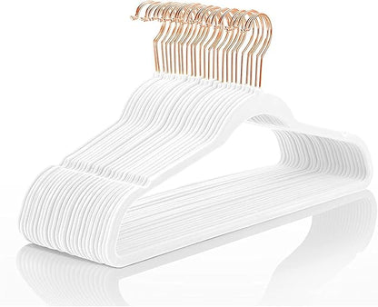 MIZGI Premium Velvet Hangers (60 Pack) Heavy Duty - Non Slip Felt Hangers - Velvet Suit Hanger White - Rose Gold Hooks,Space Saving Clothes Hanger