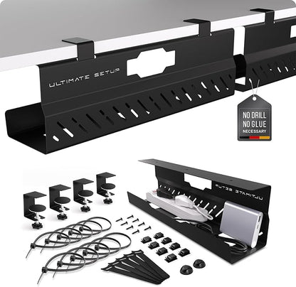 Under Desk Cable Management Tray no Drill – Wire Management - Cord Organizer – Huge Load Capacity – Under Desk Cable Tray no Drill (Black, 2 Pieces Set)