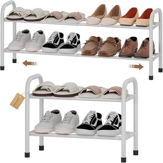 Expandable Shoe Rack, 2-Tier Metal Small Shoe Rack, Adjustable Shoes Organizer, Storage Shelf for Closet, Entryway, White