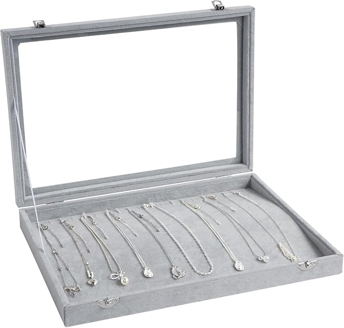 Wudygirl 20 Hooks Necklace Organizer Velvet Jewelry Organizer Showcase for Necklaces Jewelry Box Stackable Glass Top Lockable (Necklace Organizer)