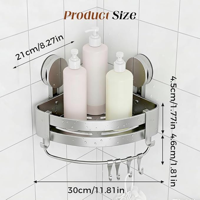 XieJY Bathroom Triangle Shelf, 2026 Upgraded Bathroom Storage Rack Corner Shower Shelves No Drilling Suction Cup Shower Organizer with Towel Bar and Hooks Removable (2, Triangular)