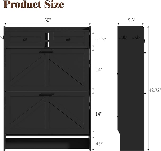 Shoe Cabinet with 2 Flip Drawers & 2 Storage Drawers, Rustic Farmhouse Narrow Shoe Organizer Cabinet, Slim Shoe Rack Cabinet, Shoe Storage Cabinet for Entryway, Hallway, Front Door