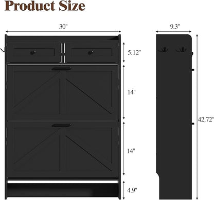 Shoe Cabinet with 2 Flip Drawers & 2 Storage Drawers, Rustic Farmhouse Narrow Shoe Organizer Cabinet, Slim Shoe Rack Cabinet, Shoe Storage Cabinet for Entryway, Hallway, Front Door