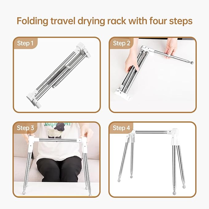 Clothes Drying Rack Foldable, Stainless Steel Portable Clothes Rack Collapsible, Folding Clothes Rack for Indoor & Outdoor, Portable Clothes Airer for Travel (with Hooks)