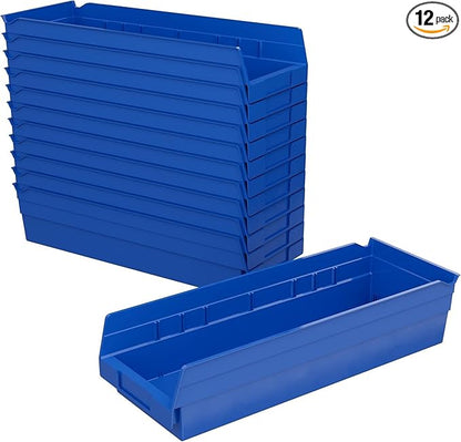 Akro-Mils 30138 Plastic Shelf Bins, Heavy Duty Storage Bins for Garage, Closet, and Drawer Organization, 18-Inch x 6-1/2-Inch x 4-Inch, Blue, 12-Pack