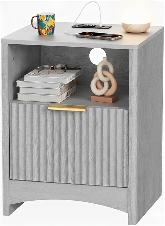 Pipishell Nightstand with Charging Station, Fluted Bedside Table with Storage & Drawers, Modern End Tables with USB & AC Outlets, Small Wood Night Stand for Bedroom, Light Gray