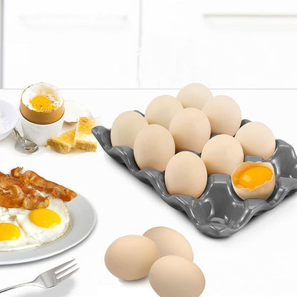 Flexzion 12 Cups Ceramic Egg Holder for Fridge - Dozen Ceramic Egg Tray Porcelain Container Storage Organizer Decorative Serving Stand Serveware for Refrigerator Countertop Display (Gray)